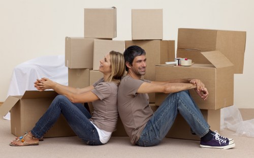 Packed boxes and furniture ready for a house move in Islington